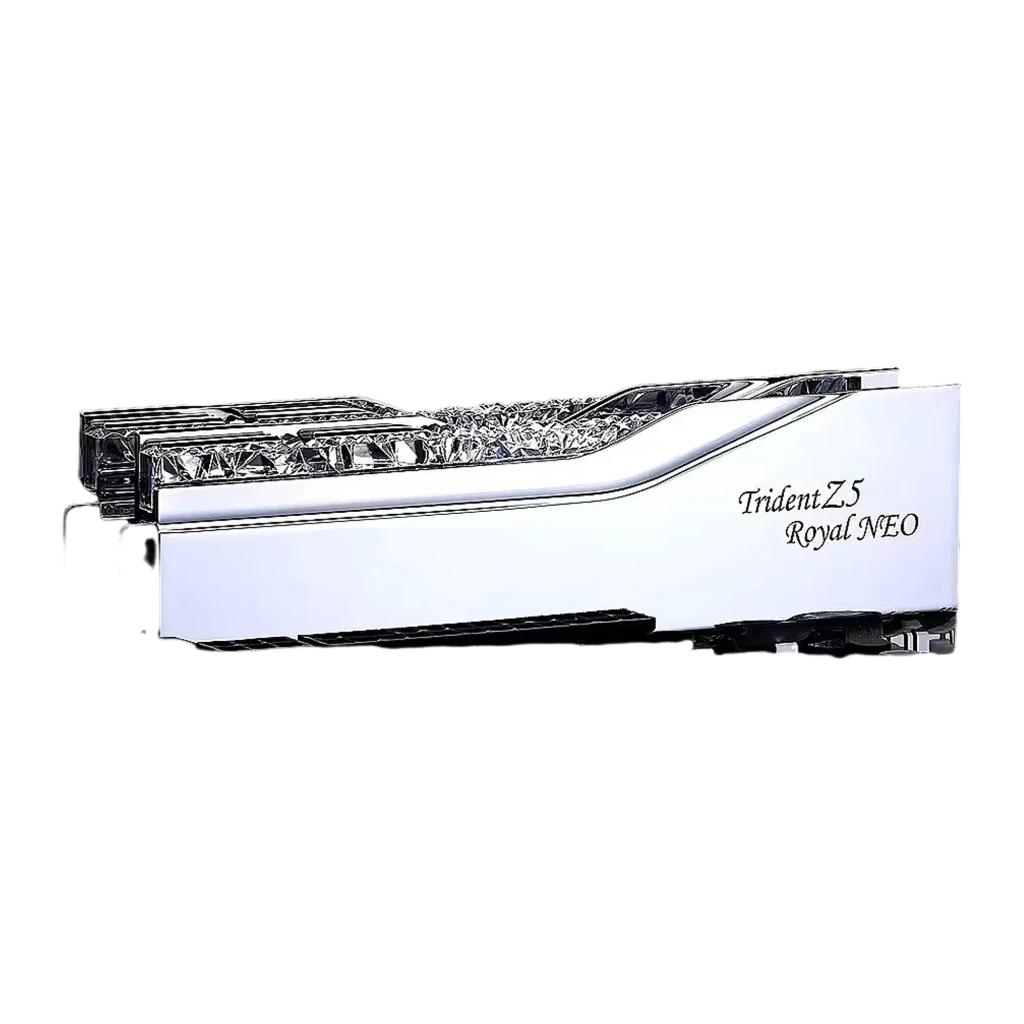G.Skill Trident Z5 Royal Neo 64GB argent, vue avant en angle: kit 2x32GB DDR5 avec éclairage RGB multicolore sur diffuseur - Ítem2