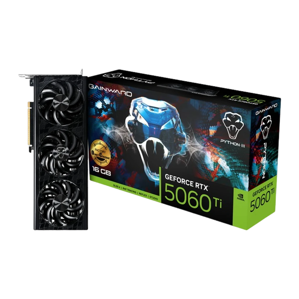 Gainward RTX 5060 Ti Python III OC 16GB negra, vista frontal: cubierta textura escamas con 3 ventiladores y logo serpiente - Ítem2