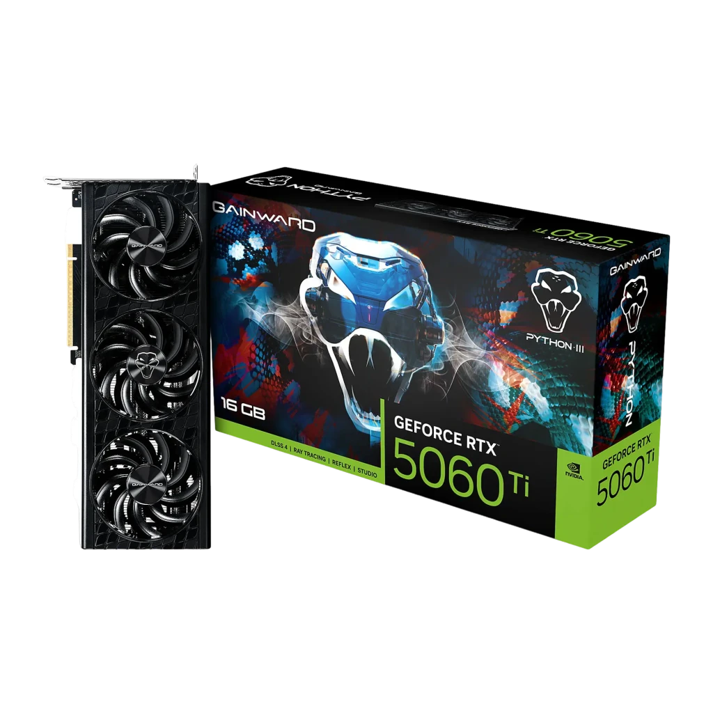 Gainward RTX 5060 Ti Python III OC 16GB negra, vista frontal: cubierta textura escamas con 3 ventiladores y logo serpiente - Ítem3