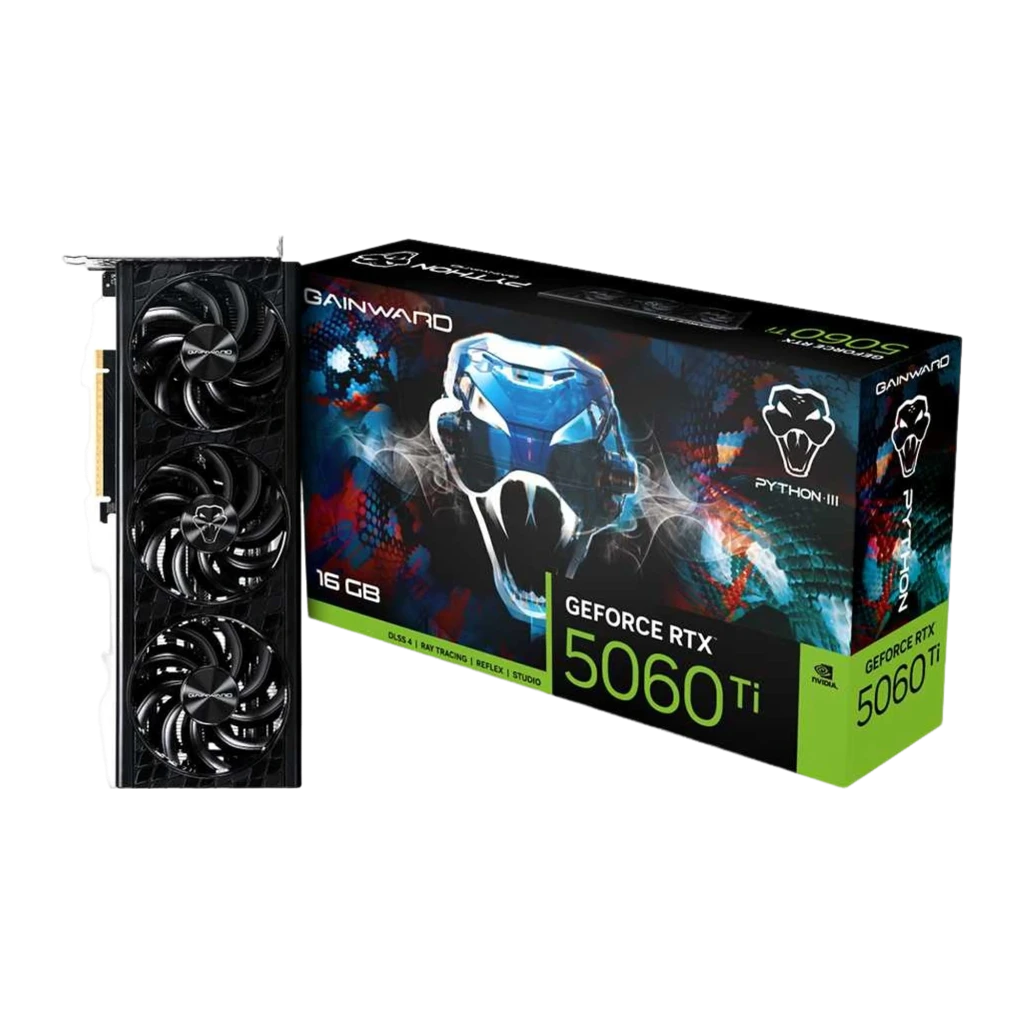 Gainward RTX 5060 Ti Python III OC 16GB negra, vista frontal: cubierta textura escamas con 3 ventiladores y logo serpiente - Ítem4
