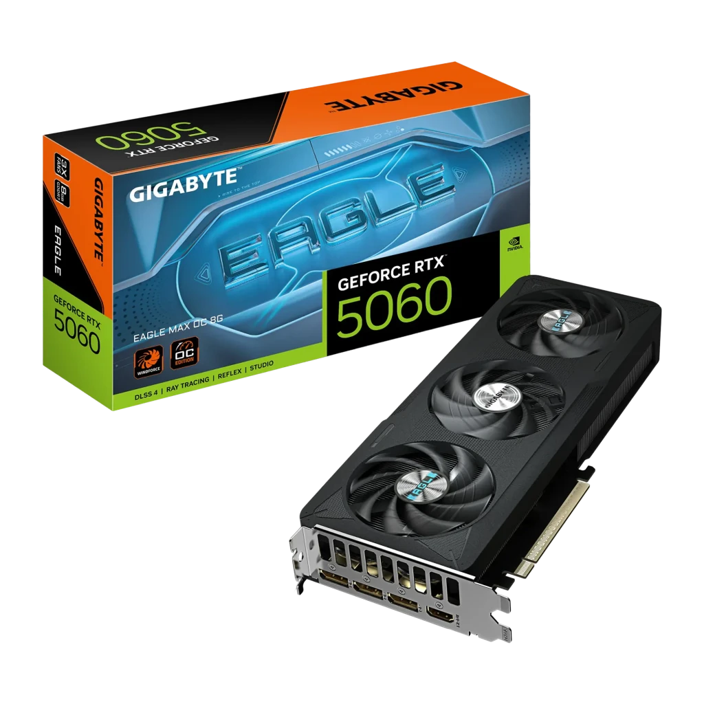 Gigabyte GeForce RTX 5060 Eagle MAX OC 8G preta, vista frontal em ângulo: três ventoinhas com detalhes azuis - Item3