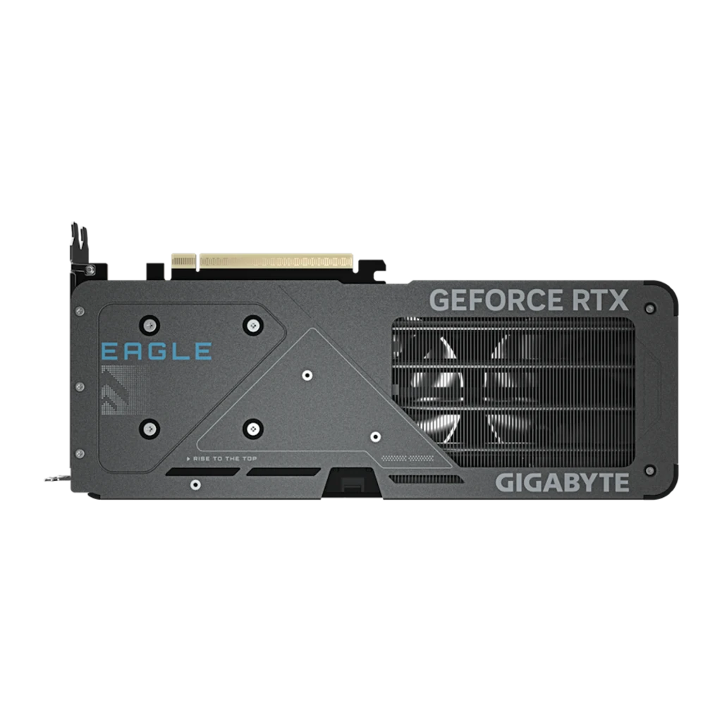 Gigabyte GeForce RTX 5060 Eagle MAX OC 8G preta, vista frontal em ângulo: três ventoinhas com detalhes azuis - Item1