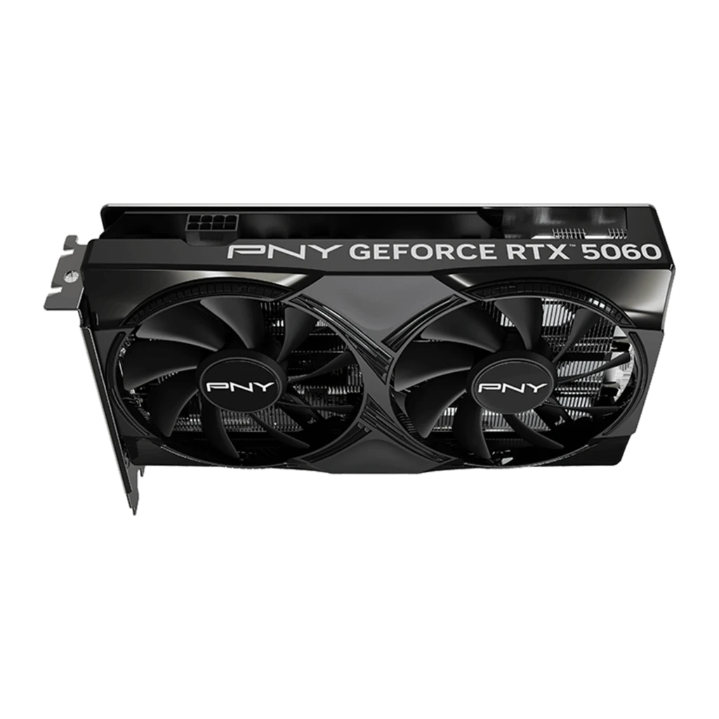 PNY GeForce RTX 5060 Dual Fan OC 8GB negra, vista frontal: dos ventiladores con logo PNY y disipador de aletas - Ítem1