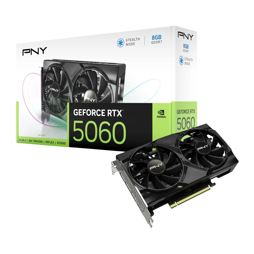 PNY GeForce RTX 5060 Dual Fan OC 8GB negra, vista frontal: dos ventiladores con logo PNY y disipador de aletas - Ítem2