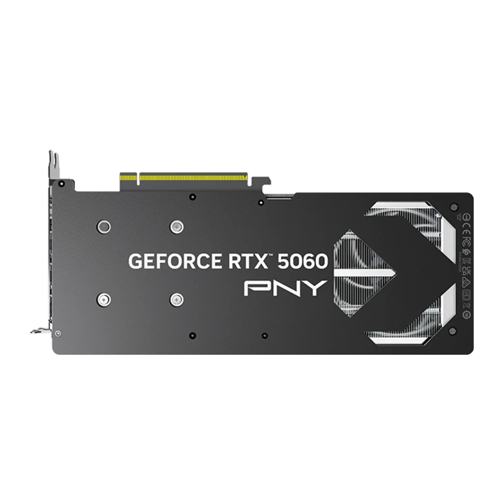 PNY GeForce RTX 5060 Gaming RGB Triple Fan OC 8GB preta, vista frontal: três ventoinhas, logo RGB e conector de alimentação - Item1