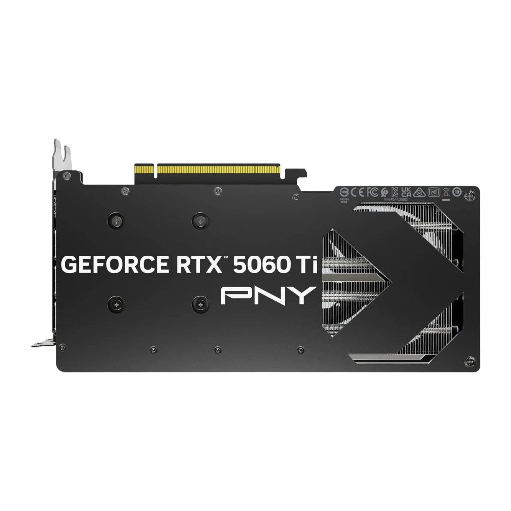 PNY GeForce RTX 5060 Ti Dual Fan OC 8GB negra, vista frontal: dos ventiladores con logo PNY y conector PCIe dorado - Ítem1