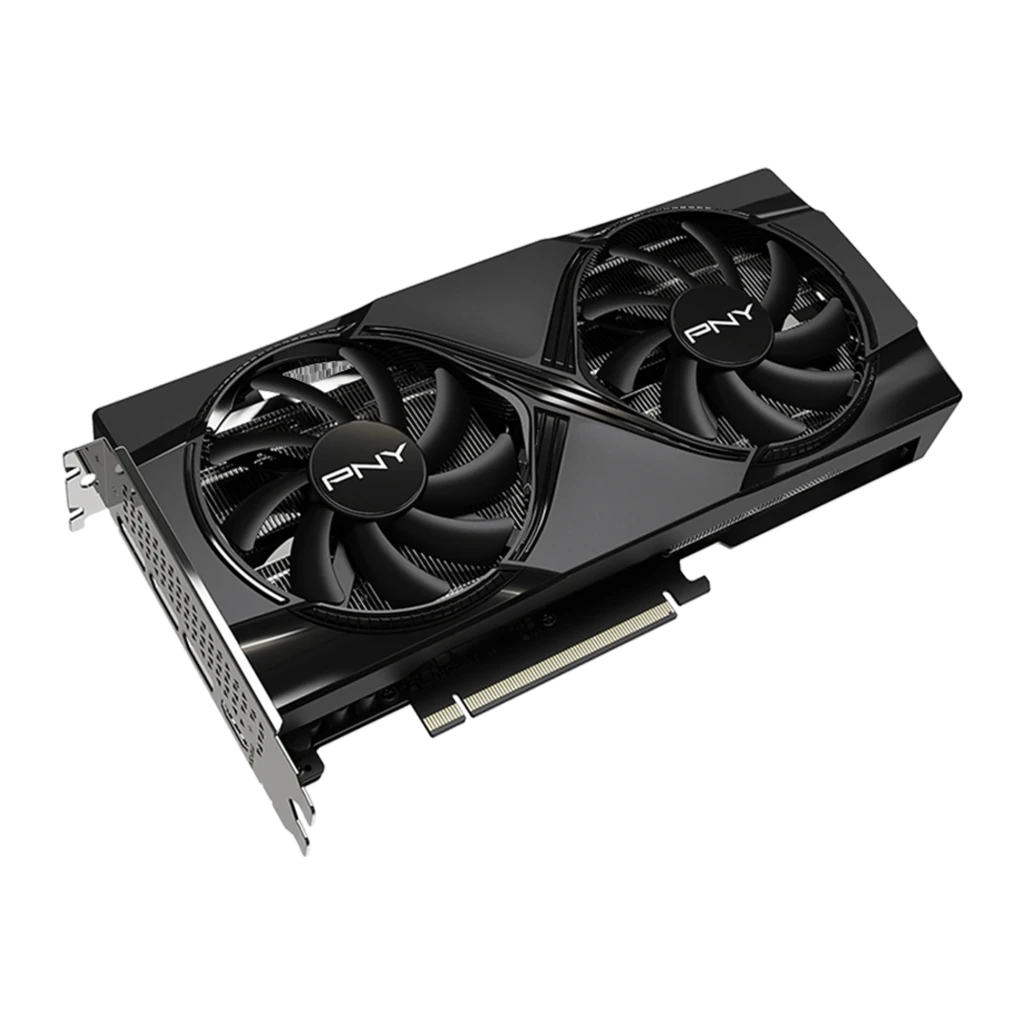 PNY GeForce RTX 5060 Ti Dual Fan OC 8GB negra, vista frontal: dos ventiladores con logo PNY y conector PCIe dorado - Ítem2