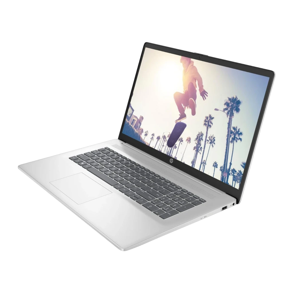 HP 17-cn4272ng 512GB plata, vista frontal: pantalla con menú inicio Windows, teclado DE y touchpad - Ítem1
