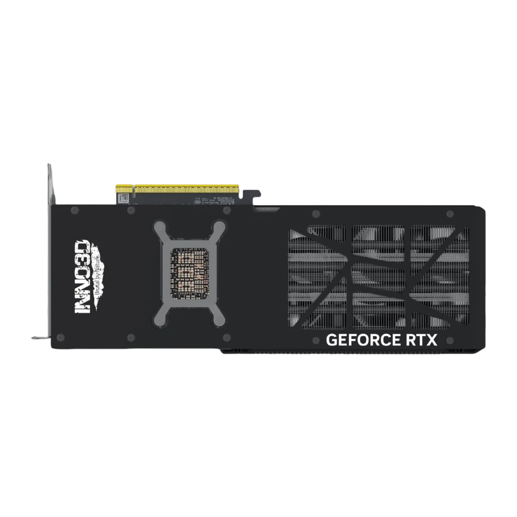 Inno3D Force RTX 5070 Ti X3 negra, vista frontal: tres ventiladores con logo INNO3D y conector PCIe dorado - Ítem1