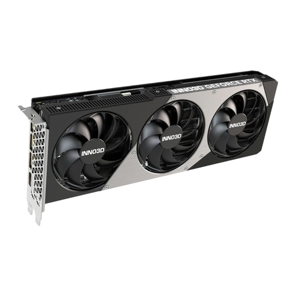 Inno3D Force RTX 5070 Ti X3 negra, vista frontal: tres ventiladores con logo INNO3D y conector PCIe dorado - Ítem2