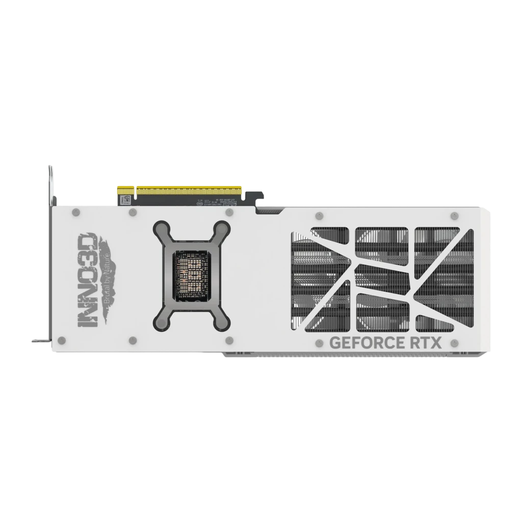 Inno3D GeForce RTX 5070 Ti X3 OC White 16GB blanco, vista frontal en ángulo: triple ventilador con logo INNO3D y bracket con - Ítem1