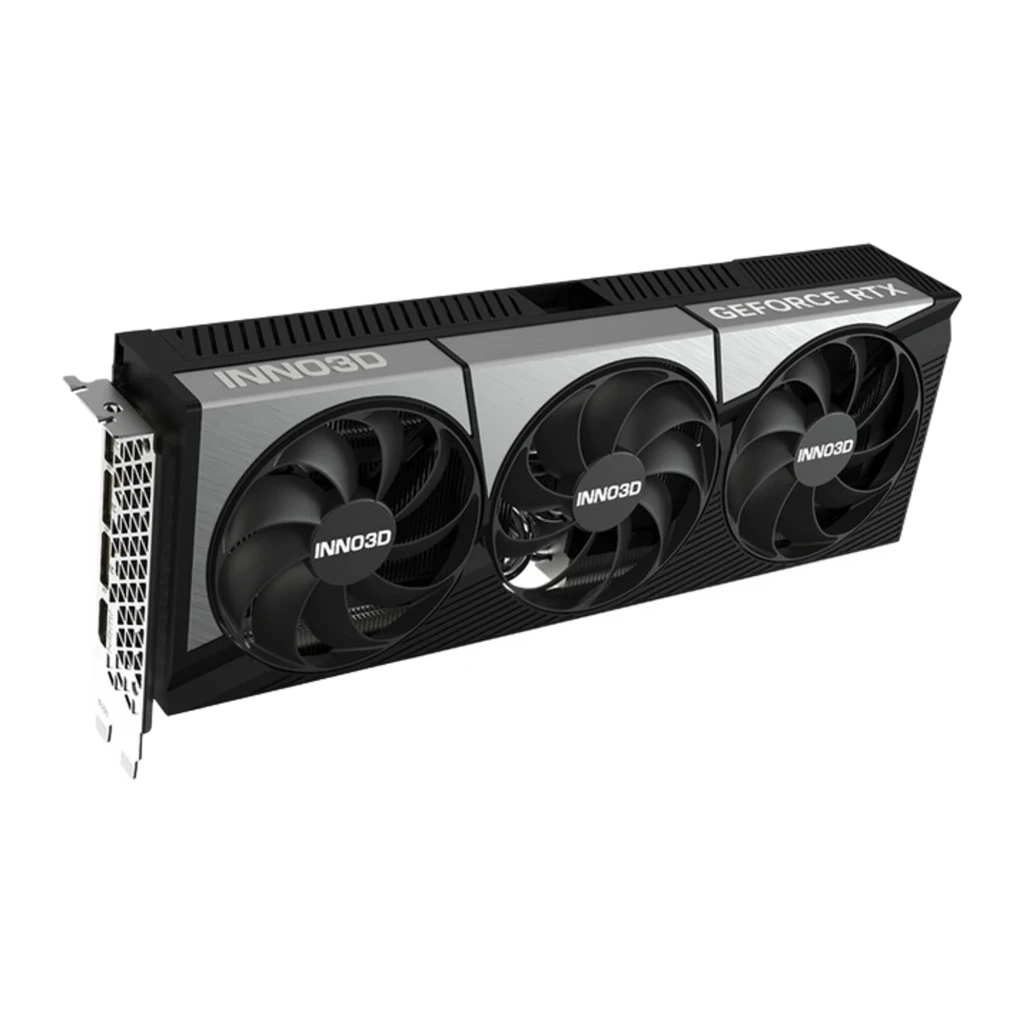 INNO3D GeForce RTX 5080 X3 preto, vista frontal em ângulo: três ventoinhas com logo INNO3D e shroud prateado - Item1