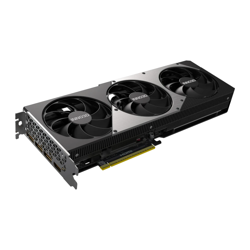 INNO3D GeForce RTX 5080 X3 preto, vista frontal em ângulo: três ventoinhas com logo INNO3D e shroud prateado - Item2