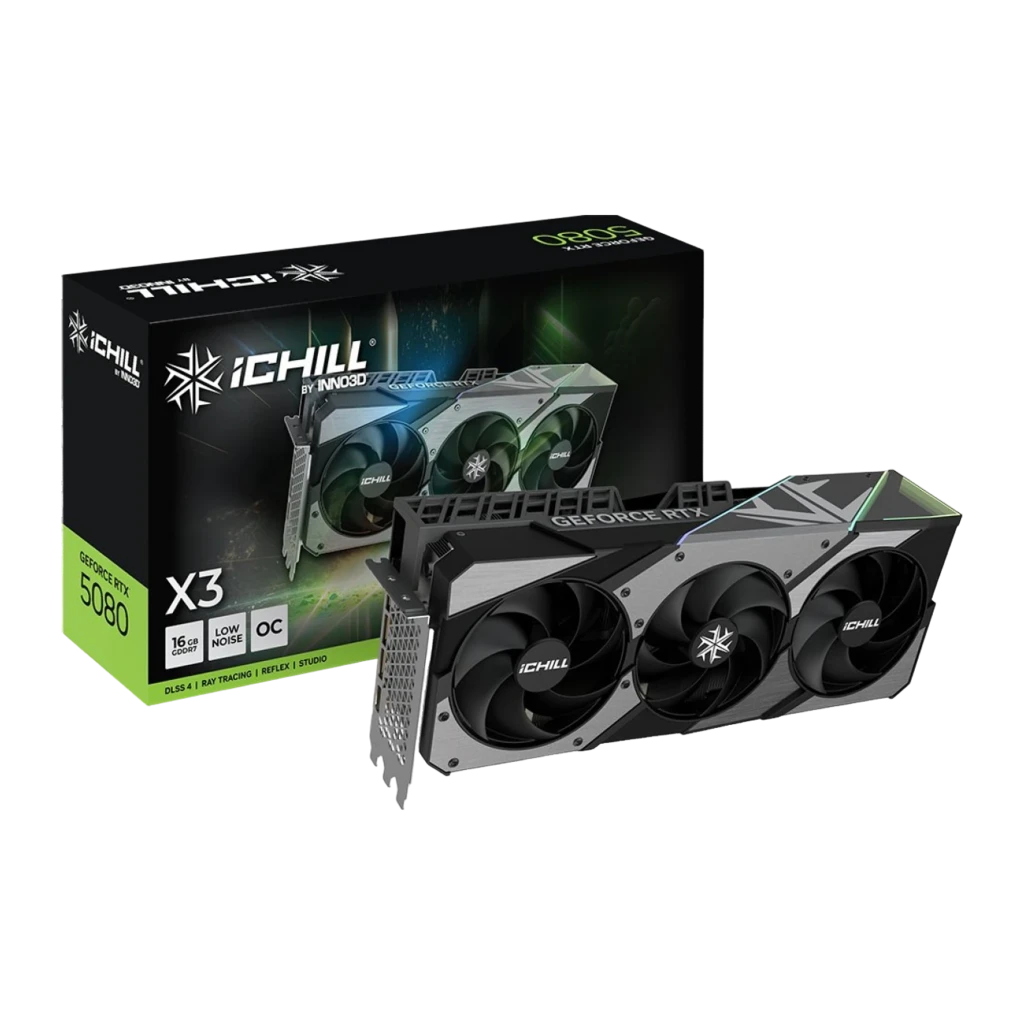 INNO3D RTX 5080 iCHILL X3 V2 OC 16GB, vista frontal em ângulo: três ventoinhas, shroud prateado e preto com RGB - Item2
