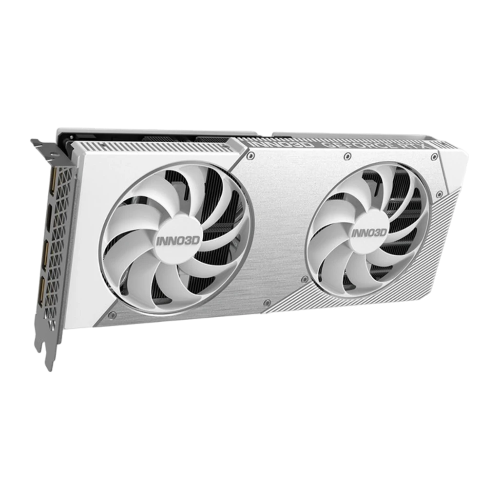Inno3D GeForce RTX 5060 Ti TWIN X2 OC WHITE 8GB blanco, vista frontal: dos ventiladores con logo INNO3D y conector PCIe - Ítem1