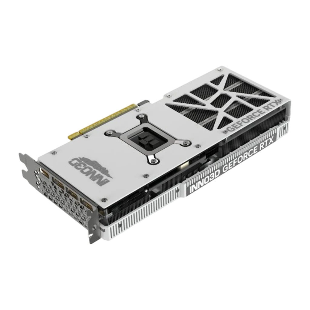 Inno3D GeForce RTX 5070 Twin X2 OC blanco, vista frontal en ángulo: dos ventiladores blancos y disipador estriado plateado - Ítem1