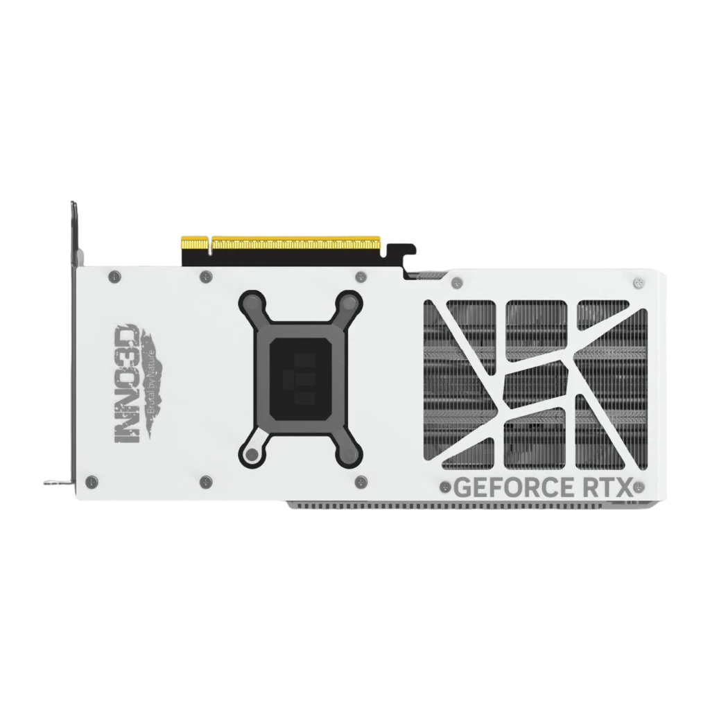 Inno3D GeForce RTX 5070 Twin X2 OC blanco, vista frontal en ángulo: dos ventiladores blancos y disipador estriado plateado - Ítem2