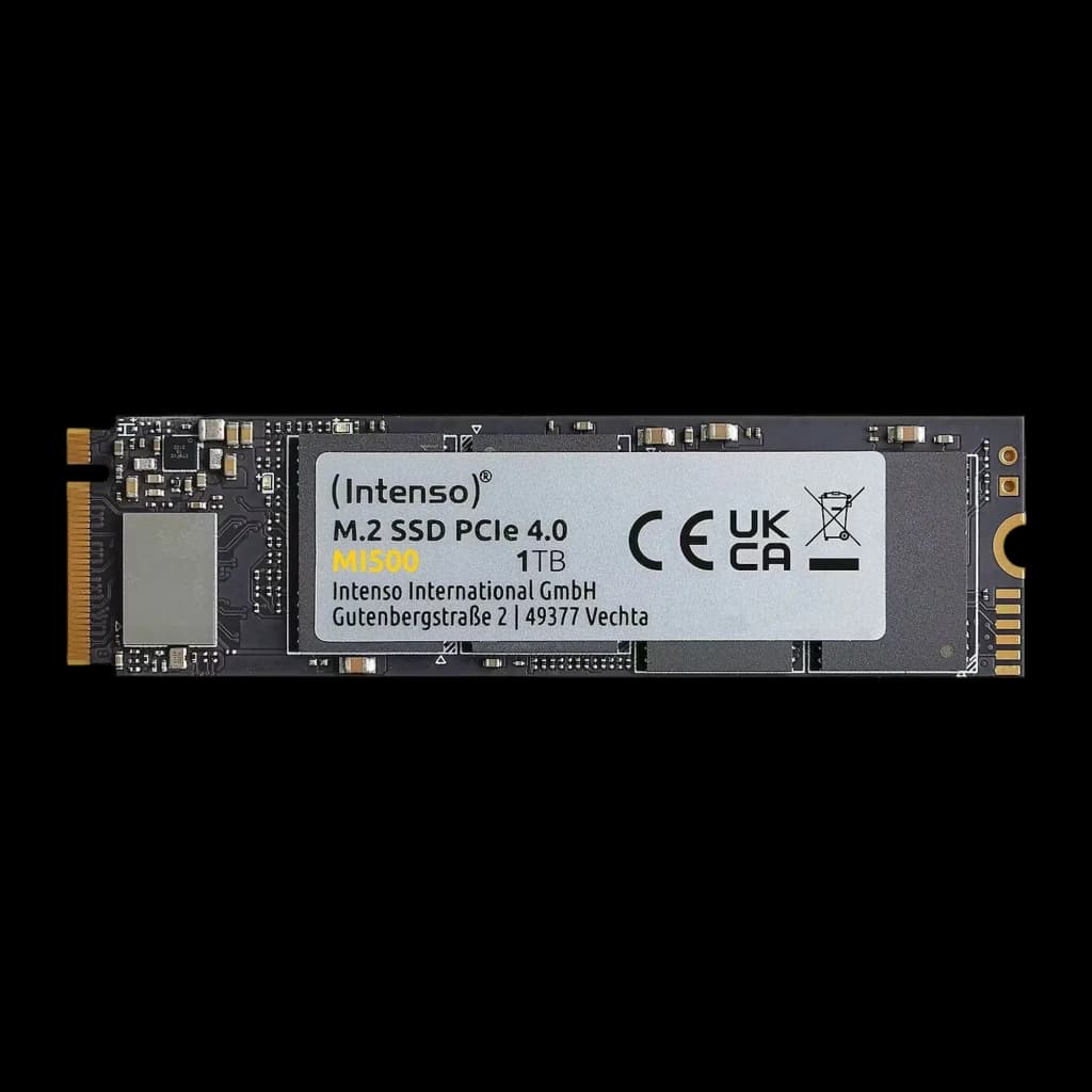 Intenso MI500 1TB SSD M.2, vue de face: étiquette PCIe 4.0, puces et connecteur doré visibles