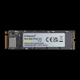Intenso MI500 1TB SSD M.2, vue de face: étiquette PCIe 4.0, puces et connecteur doré visibles