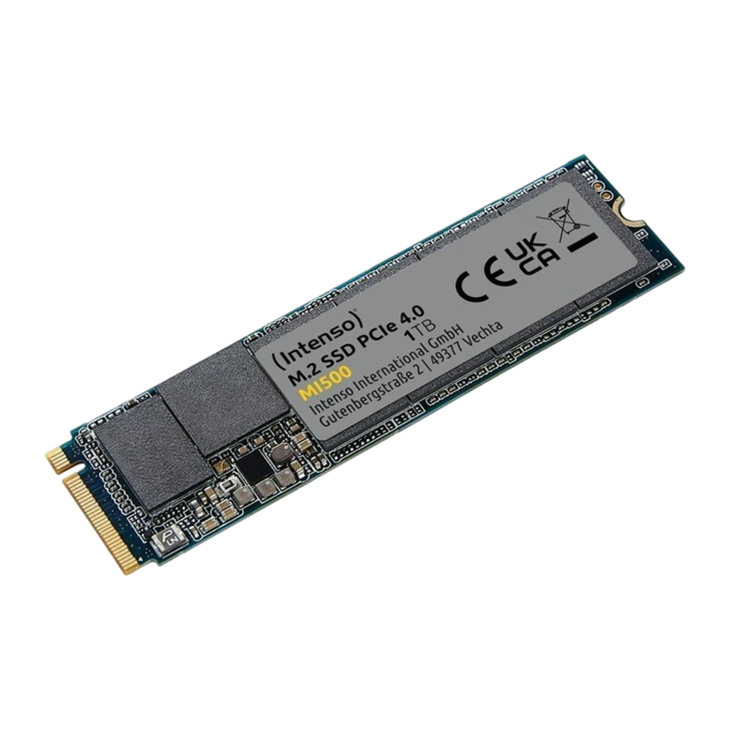 Intenso MI500 1TB SSD M.2, vista frontal: etiqueta PCIe 4.0, chips e conector dourado visíveis - Item1