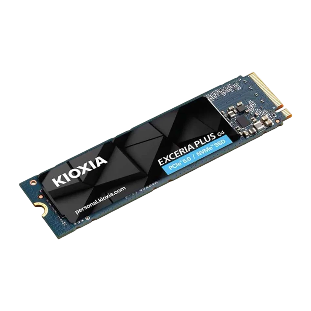 Kioxia Exceria Plus G4 1TB, vista superior: etiqueta negra con logo, conector M.2 dorado y PCB azul visibles - Ítem1