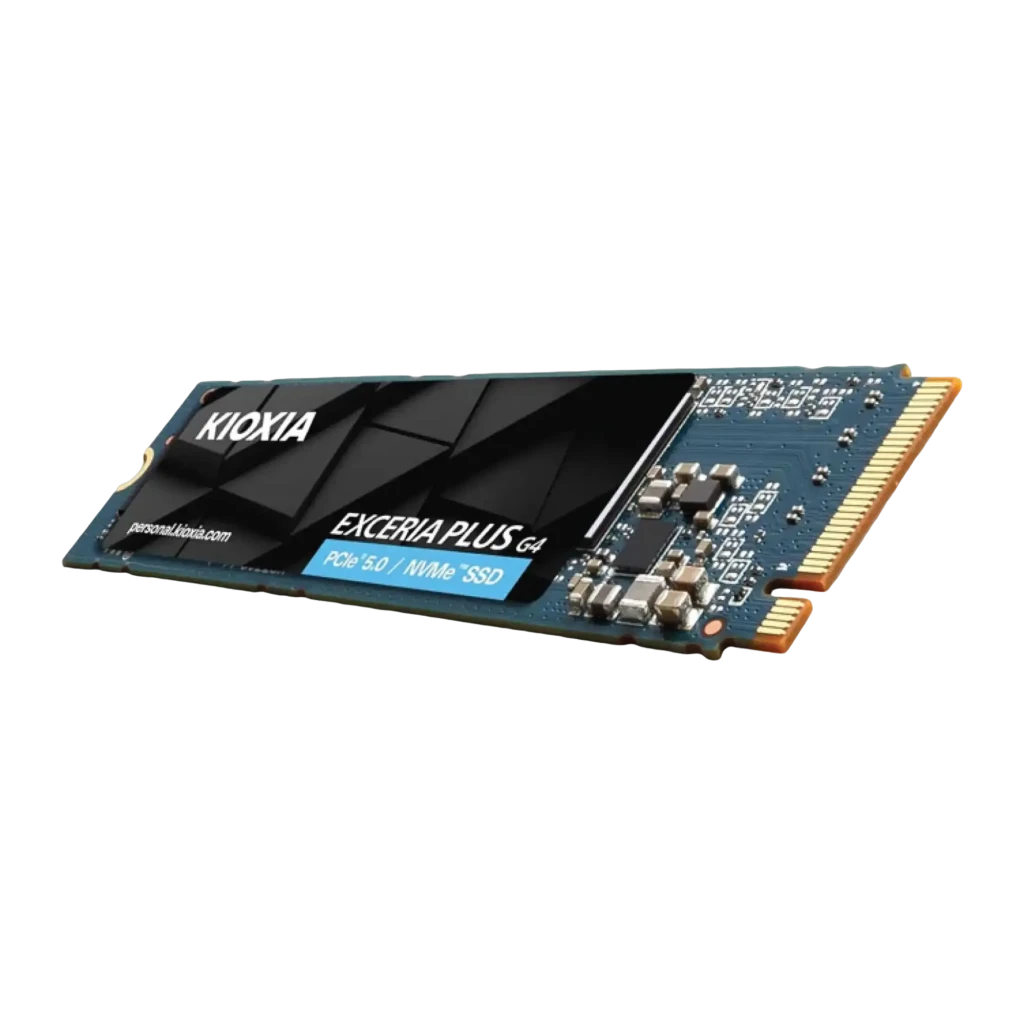 Kioxia Exceria Plus G4 1TB, vista superior: etiqueta negra con logo, conector M.2 dorado y PCB azul visibles - Ítem2