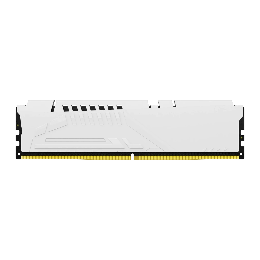 Kingston FURY Beast DDR5 16GB branco, vista em ângulo: dissipador branco com logos FURY e BEAST, contatos dourados visíveis - Item1