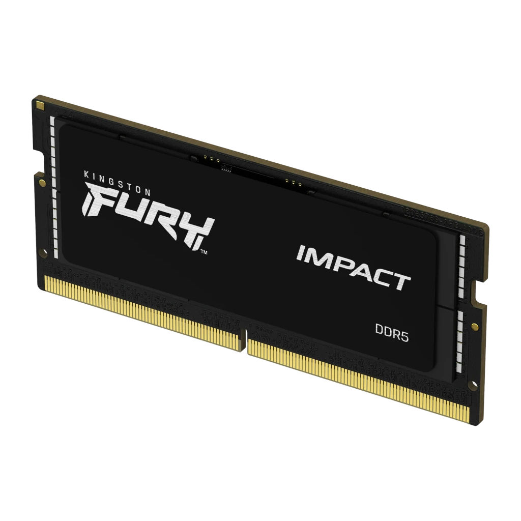 Kingston FURY Impact DDR5 16GB preto, vista frontal: dissipador preto com logos FURY IMPACT e DDR5, contatos dourados - Item1