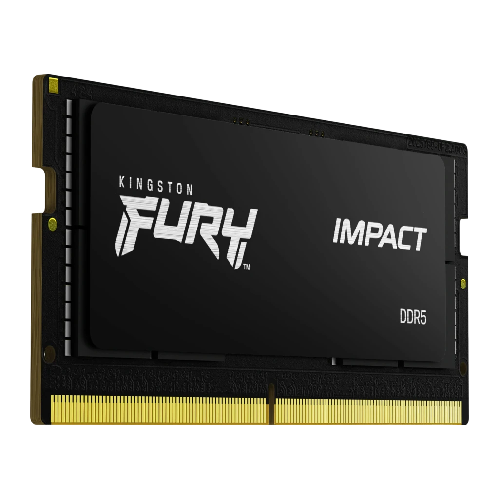 Kingston FURY Impact DDR5 16GB preto, vista frontal: dissipador preto com logos FURY IMPACT e DDR5, contatos dourados - Item2