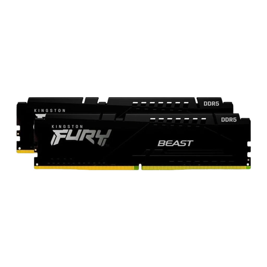 Kingston FURY Beast DDR5 32GB 6000MHz preto, vista diagonal: kit dual dois módulos pretos com dissipador e conector dourado - Item1