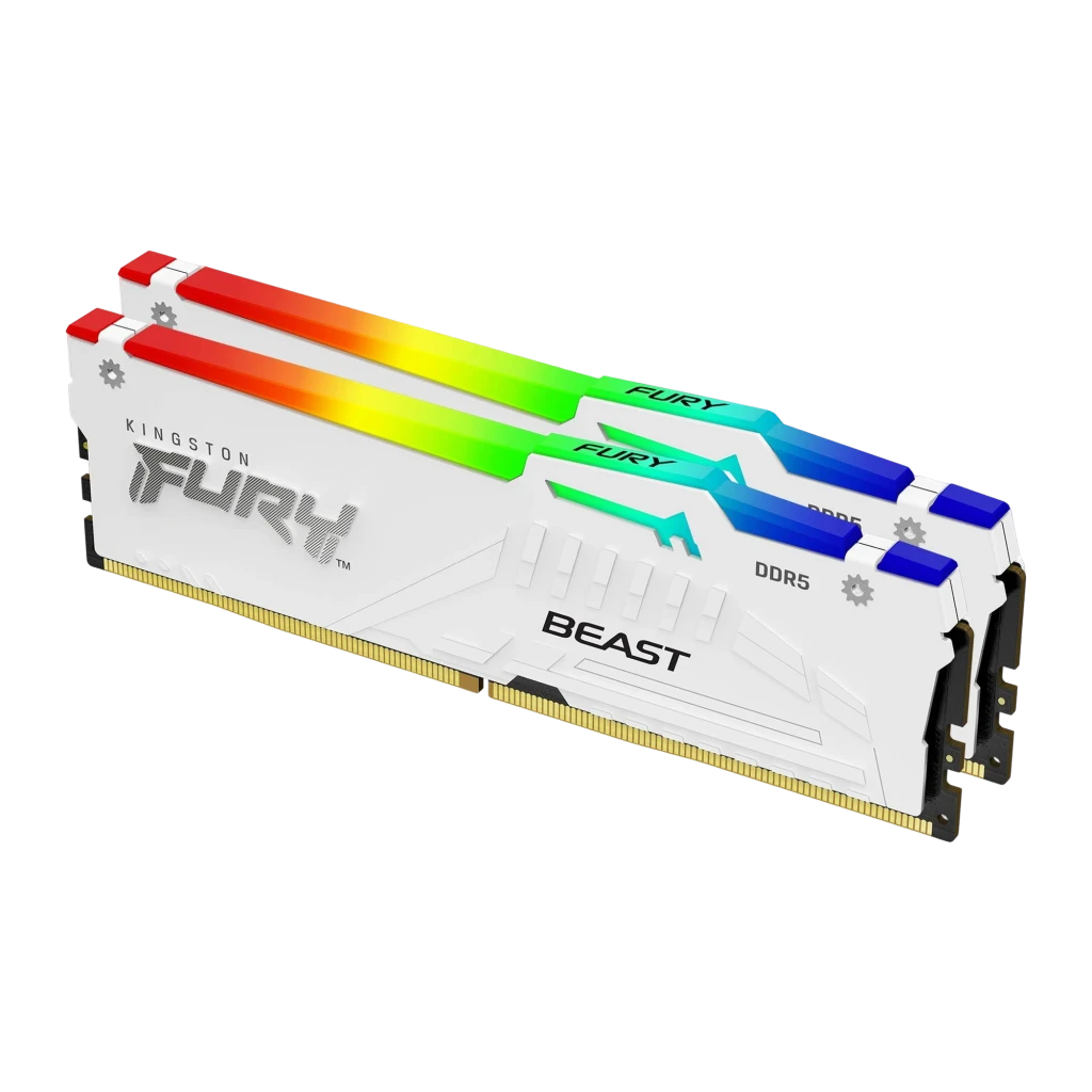 Kingston FURY Beast DDR5 64GB 6000MHz CL30 branco, vista frontal: um módulo RAM com iluminação RGB no topo e dissipador - Item1