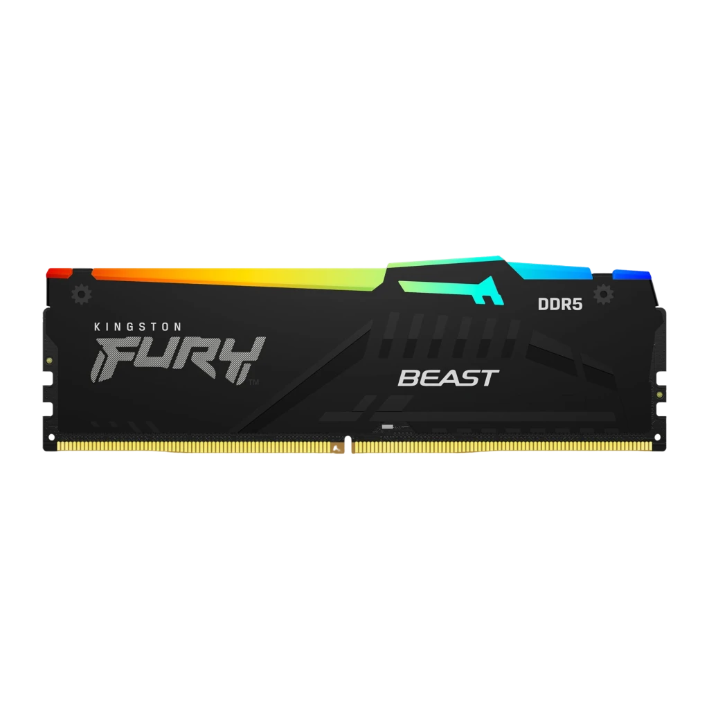 Kingston FURY Beast RGB 16GB DDR5 preto, vista em ângulo: dissipador preto com iluminação RGB multicolor na parte superior - Item1