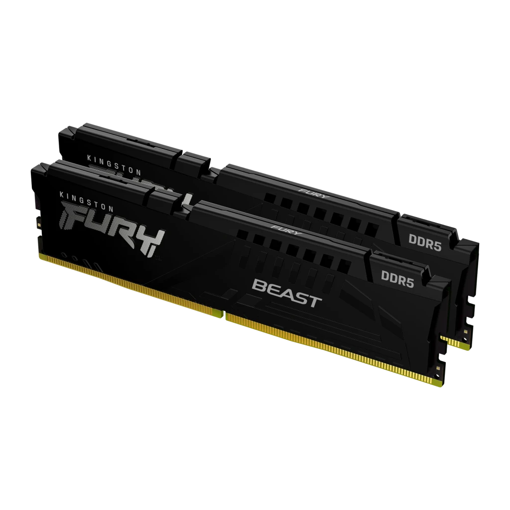 Kingston FURY Beast 16GB DDR5 preto, vista frontal: dissipador preto com logo FURY BEAST e contatos dourados - Item2