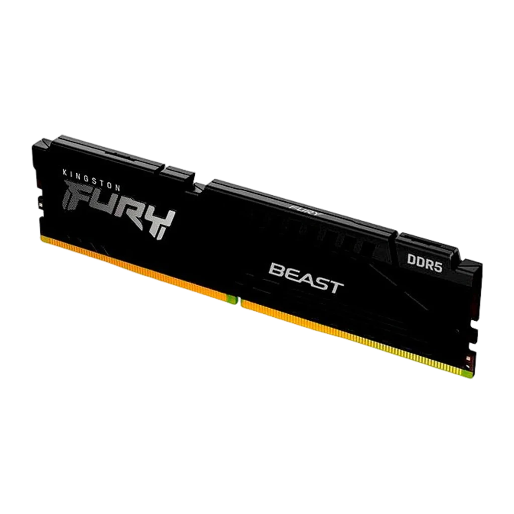 Kingston FURY Beast 16GB DDR5 preto, vista frontal: dissipador preto com logo FURY BEAST e contatos dourados - Item3