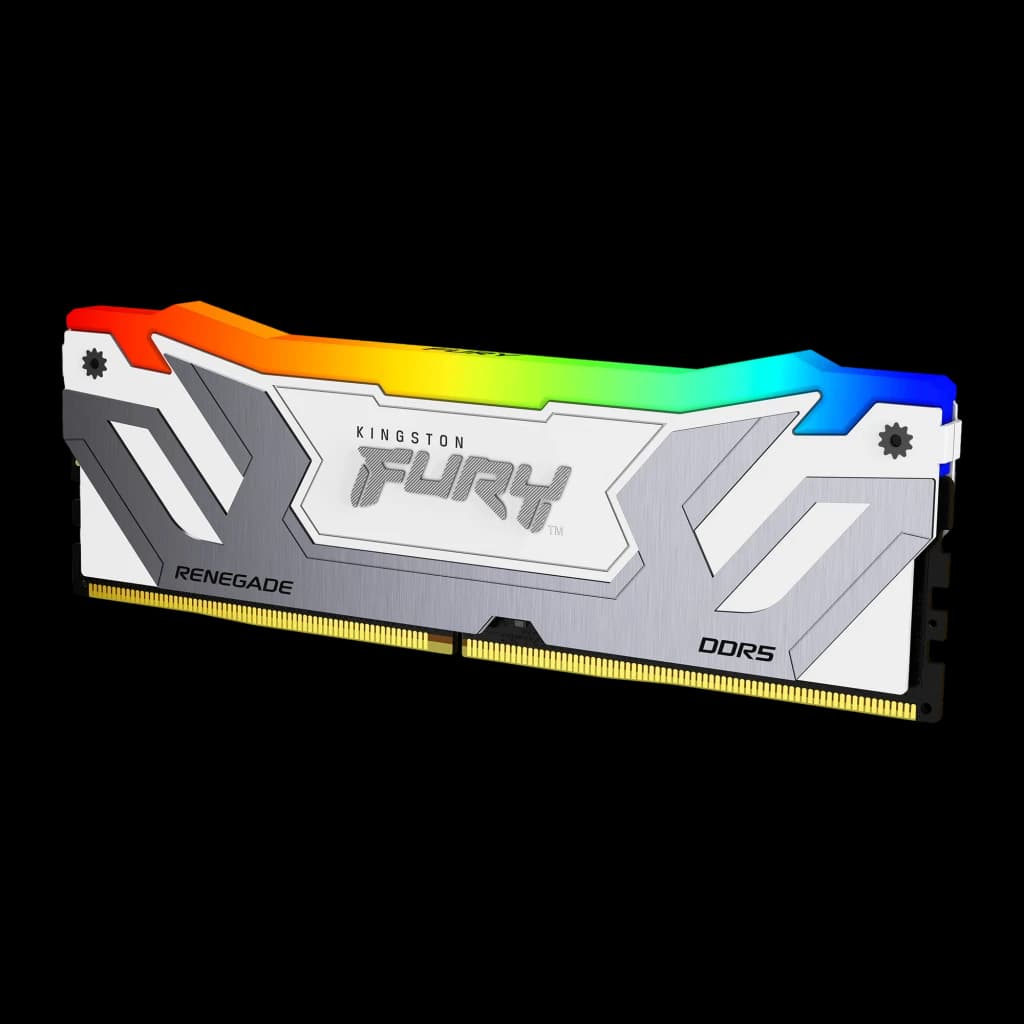 Kingston FURY Renegade RGB 24GB DDR5 branco, vista frontal: dissipador branco com logo FURY e iluminação RGB espectro