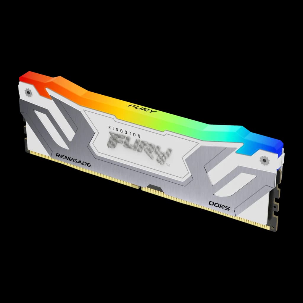 Kingston FURY Renegade RGB 24GB DDR5 branco, vista traseira em ângulo: verso do dissipador branco com logo FURY visível e