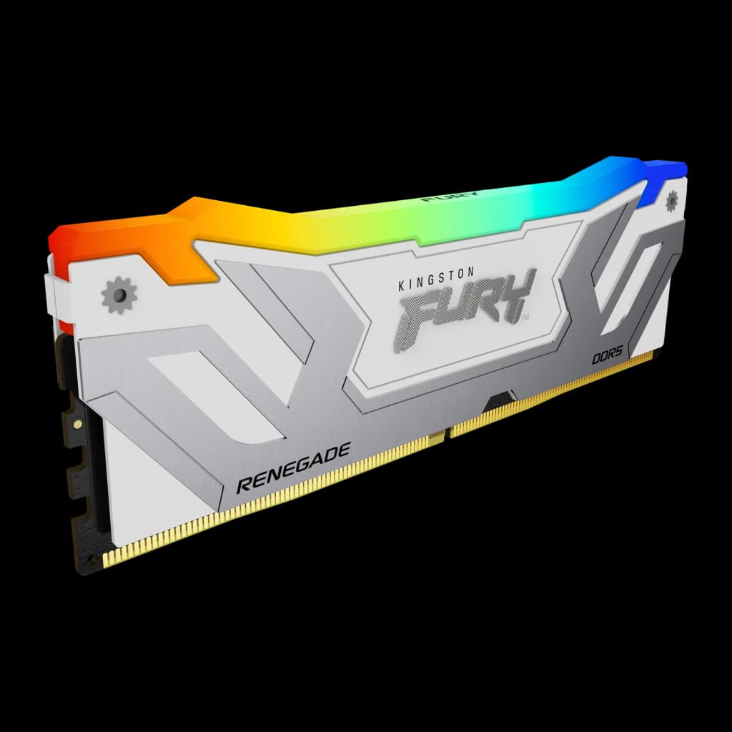 Kingston FURY Renegade RGB 24GB DDR5 branco, ângulo lateral esquerdo: face lateral com logo FURY, engrenagem e RGB