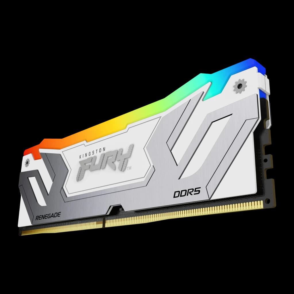 Kingston FURY Renegade RGB 24GB DDR5 branco, ângulo lateral direito: face oposta com logo FURY, DDR5 e RGB azul-verde na