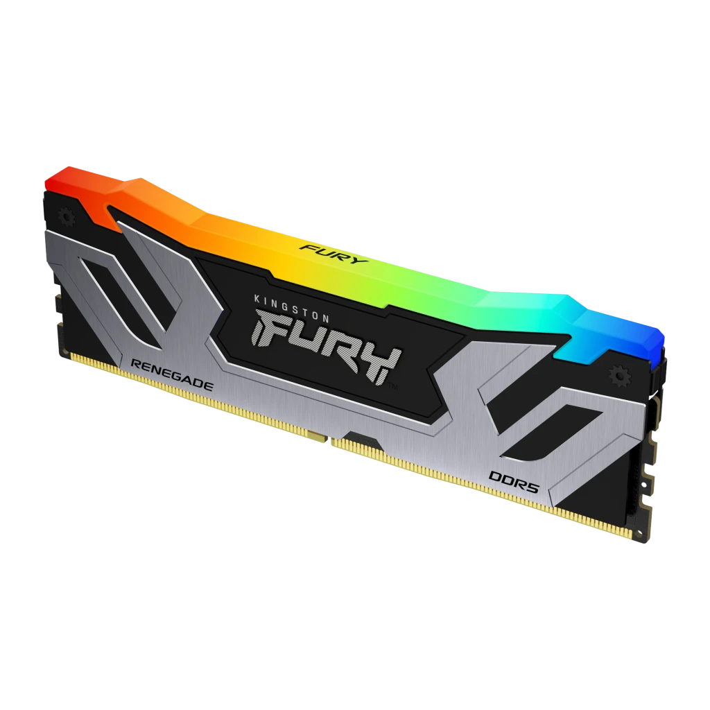 Kingston FURY Renegade RGB 24GB DDR5 prata, vista frontal esquerda: dissipador prateado e preto com logo FURY iluminado RGB - Item1