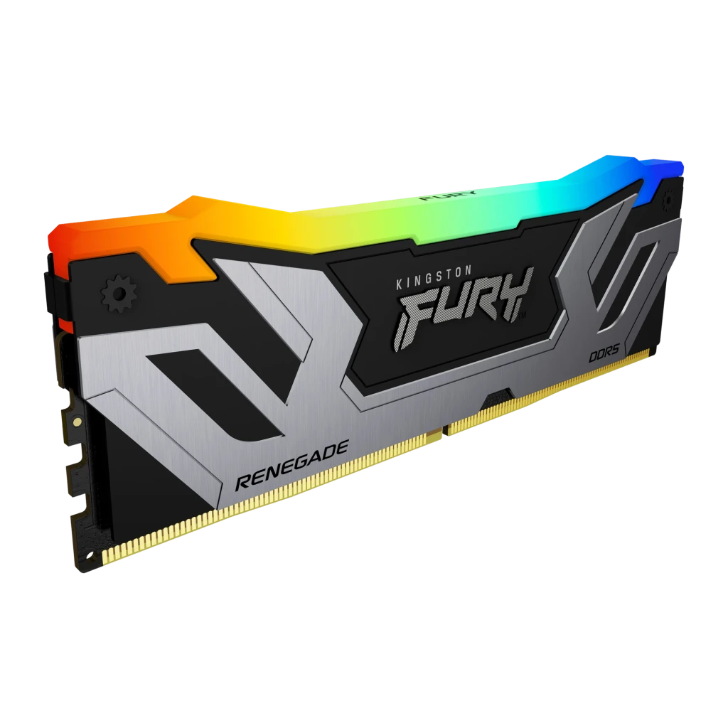 Kingston FURY Renegade RGB 24GB DDR5 prata, vista frontal esquerda: dissipador prateado e preto com logo FURY iluminado RGB - Item2