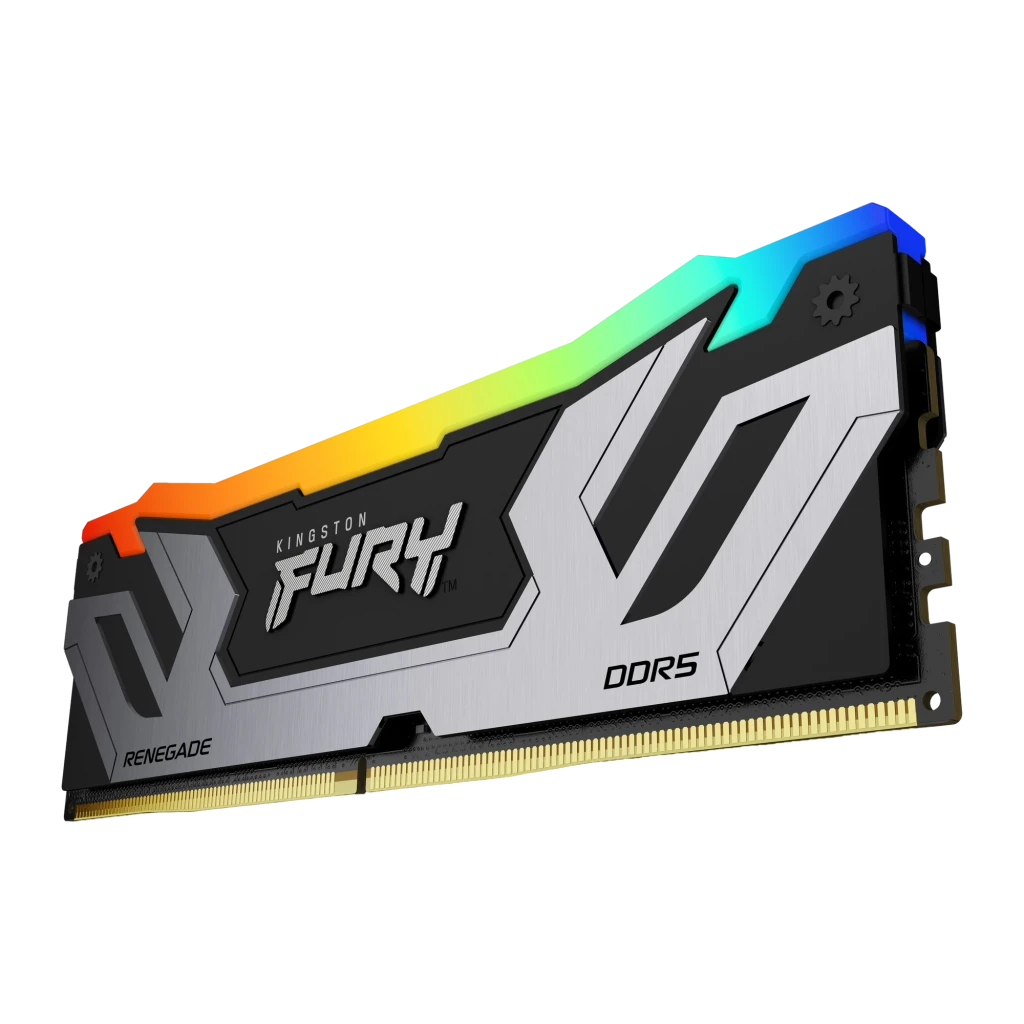Kingston FURY Renegade RGB 24GB DDR5 prata, vista frontal esquerda: dissipador prateado e preto com logo FURY iluminado RGB - Item3