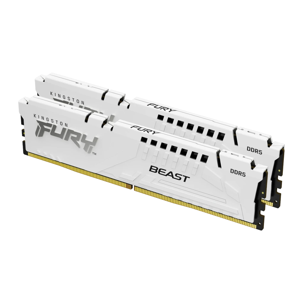 Kingston FURY Beast 32GB DDR5 branco, vista em ângulo: dissipador branco com logos FURY e BEAST, contatos dourados visíveis - Item1