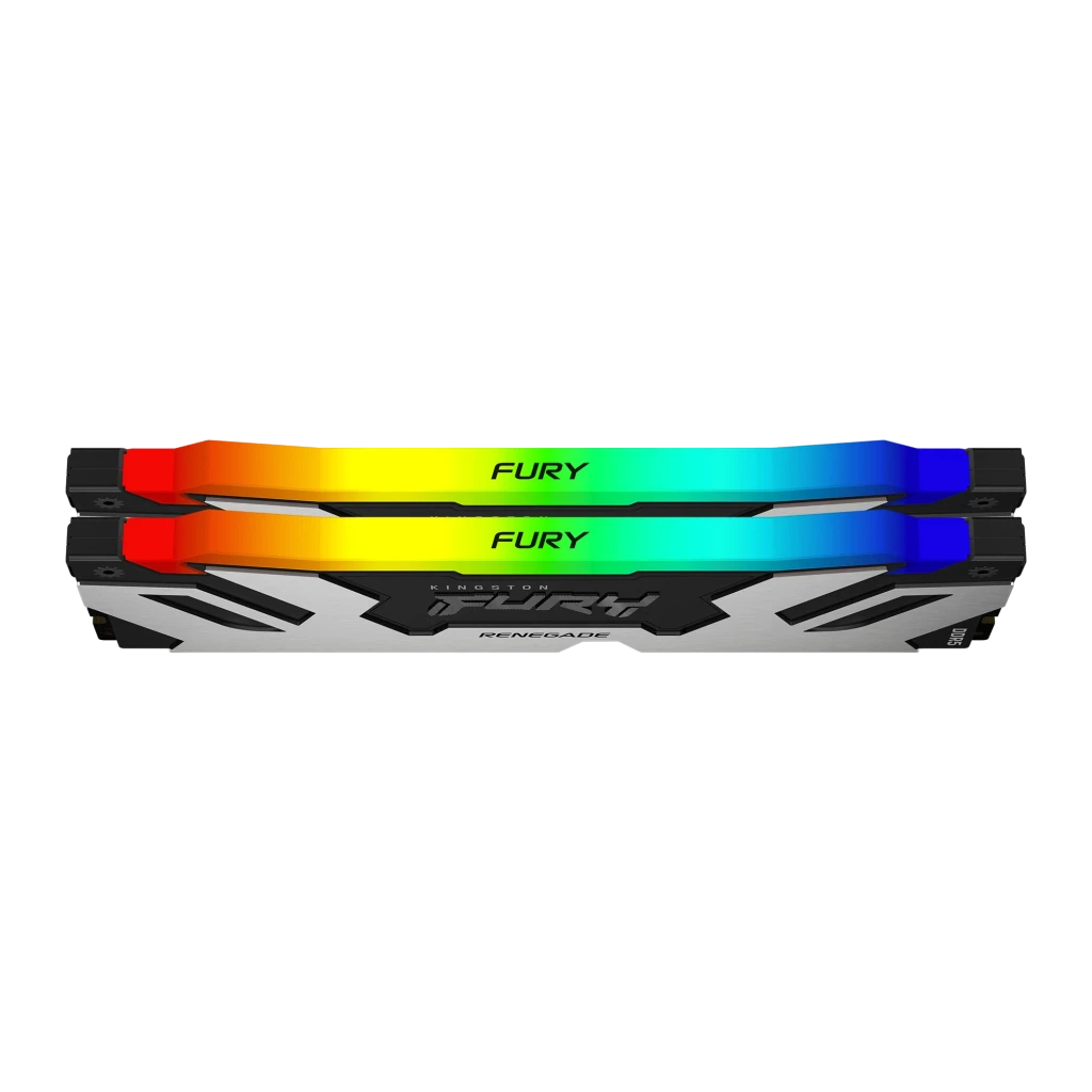 Kingston FURY Renegade RGB 32GB DDR5 preto prateado, vista em ângulo: kit 2 módulos com iluminação RGB espectro completo - Item1