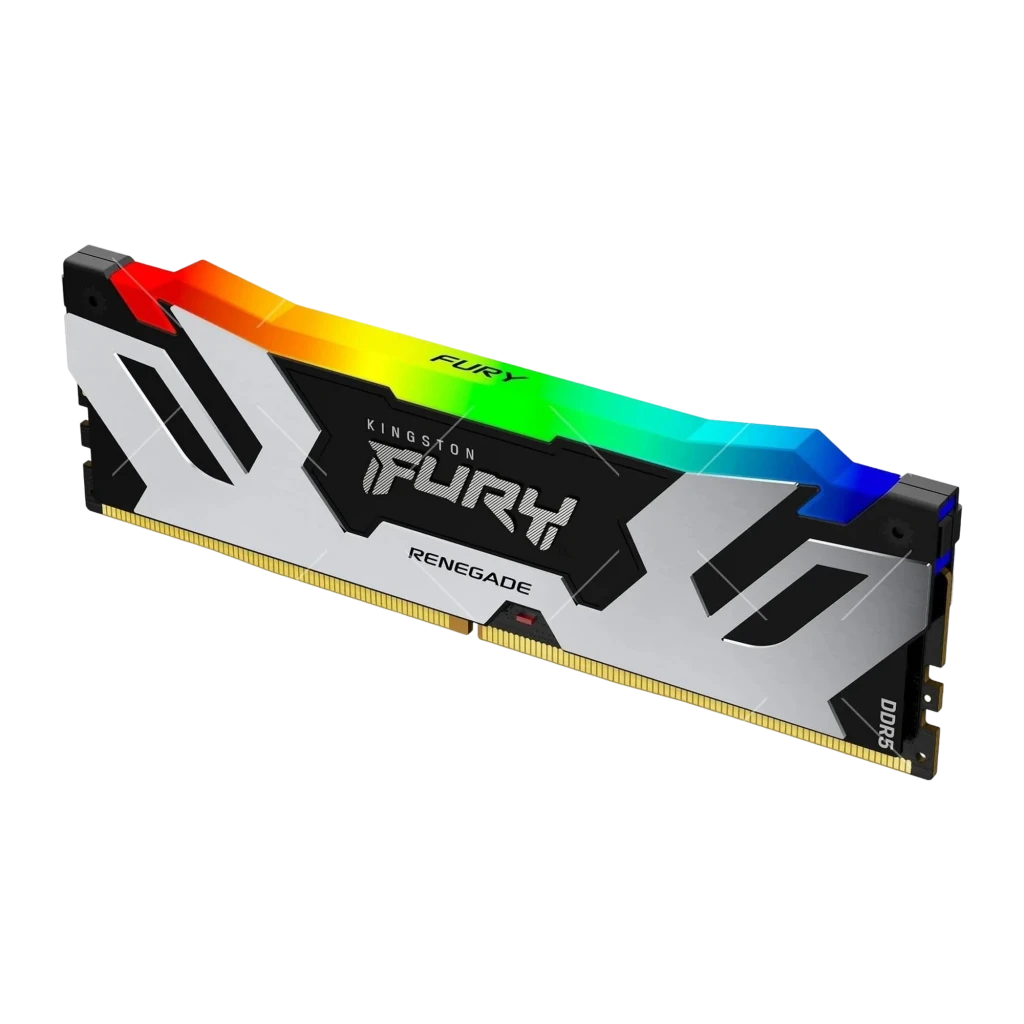 Kingston FURY Renegade RGB 32GB DDR5 preto prateado, vista em ângulo: kit 2 módulos com iluminação RGB espectro completo - Item2