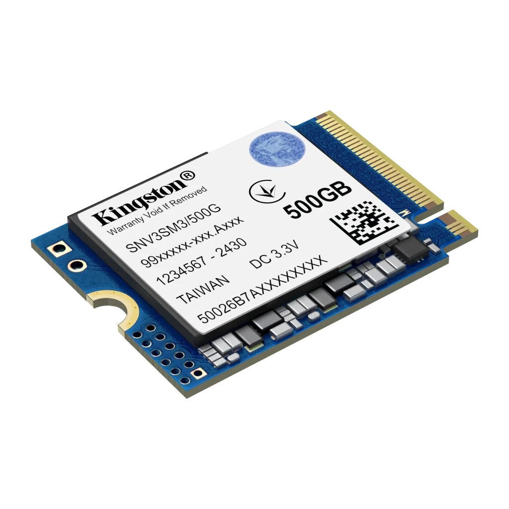 Kingston NV3 M.2 2230 NVMe SSD 500GB, vista frontal: etiqueta com modelo SNV3SM3/500G, chips SMD e conector dourado M.2 - Item1