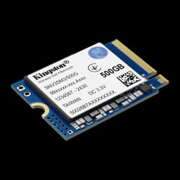 Kingston NV3 M.2 2230 NVMe SSD 500GB, vista em perspectiva: ângulo 3/4 mostrando etiqueta, espessura da PCB azul e conector