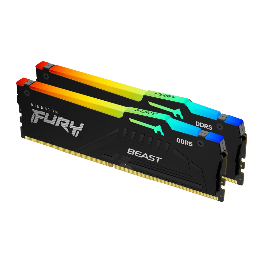 Kingston FURY Beast RGB 64GB DDR5 5600MHz preto, vista frontal: 2 módulos em ângulo escalonado com iluminação RGB na parte - Item1