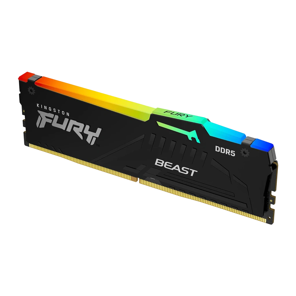 Kingston FURY Beast RGB 64GB DDR5 5600MHz preto, vista frontal: 2 módulos em ângulo escalonado com iluminação RGB na parte - Item2