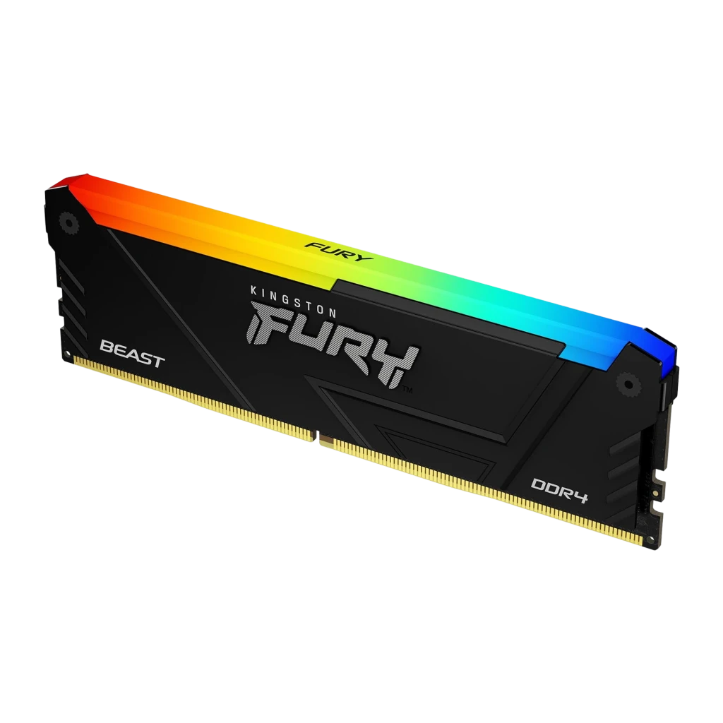 Kingston FURY Beast RGB 8GB noir, vue de face: dissipateur noir avec éclairage RGB en haut et logo FURY - Ítem1