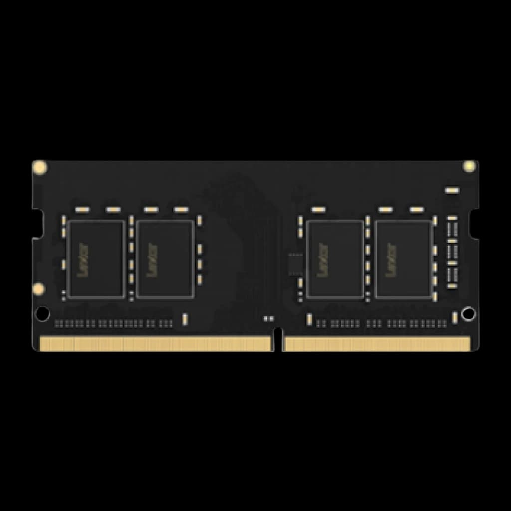 Lexar LD4AS008G DDR4 SO-DIMM 8GB negro, vista frontal: chips de memoria con logo Lexar y contactos dorados